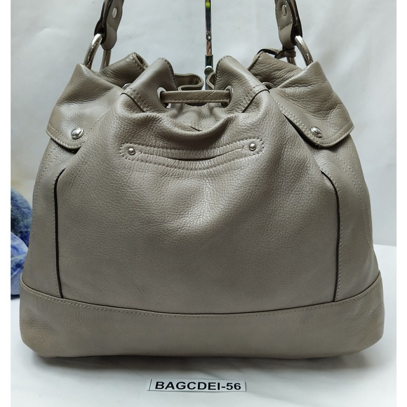 B. Makowsky Gray Leather Drawstring Zipper Pockets Shoulder Bag - Picture 2 of 16